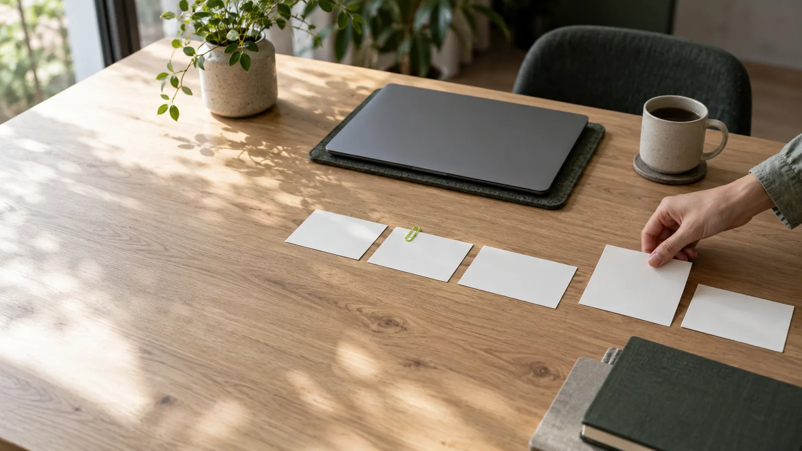 Blank index cards laid out in a row like a sales pipeline on an oak table, a hand moving one card forward, one card marked with a lime paperclip